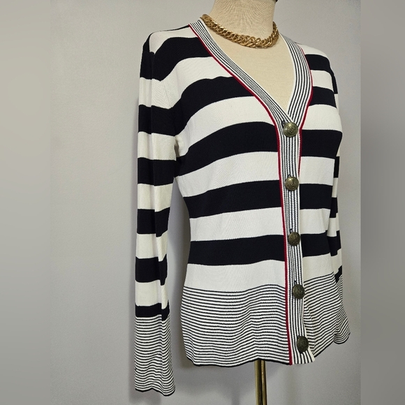 Zendra Nautical Navy and White V Neck Butoned Cardigan Sweater. Size 42/ Medoum - Picture 2 of 11